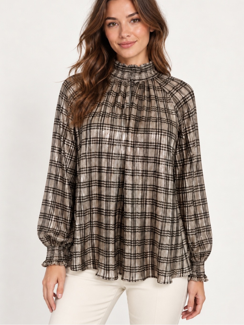 Ramy Brook Plaid Metallic Smocked Neck Blouse